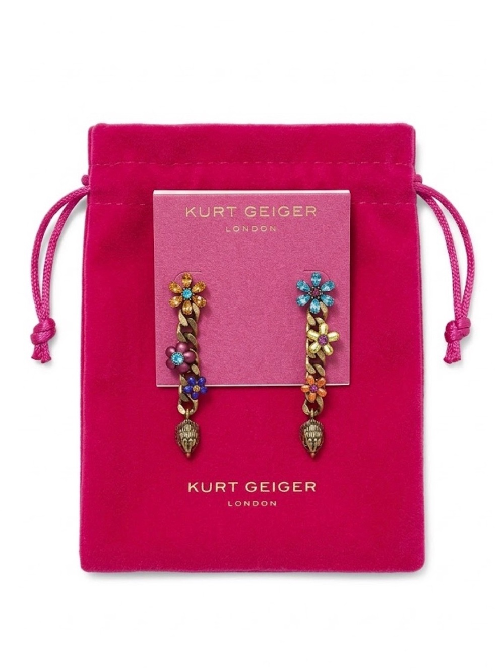 Kurt Geiger London Rainbow Crystal Flower Chain Dangle Earrings NWT Dust Bag